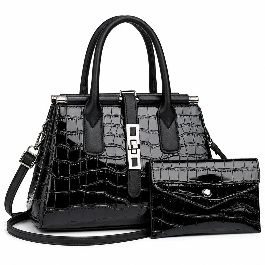 Gradient Crocodile Pattern PU Leather Tote & Crossbody Set - Vero
